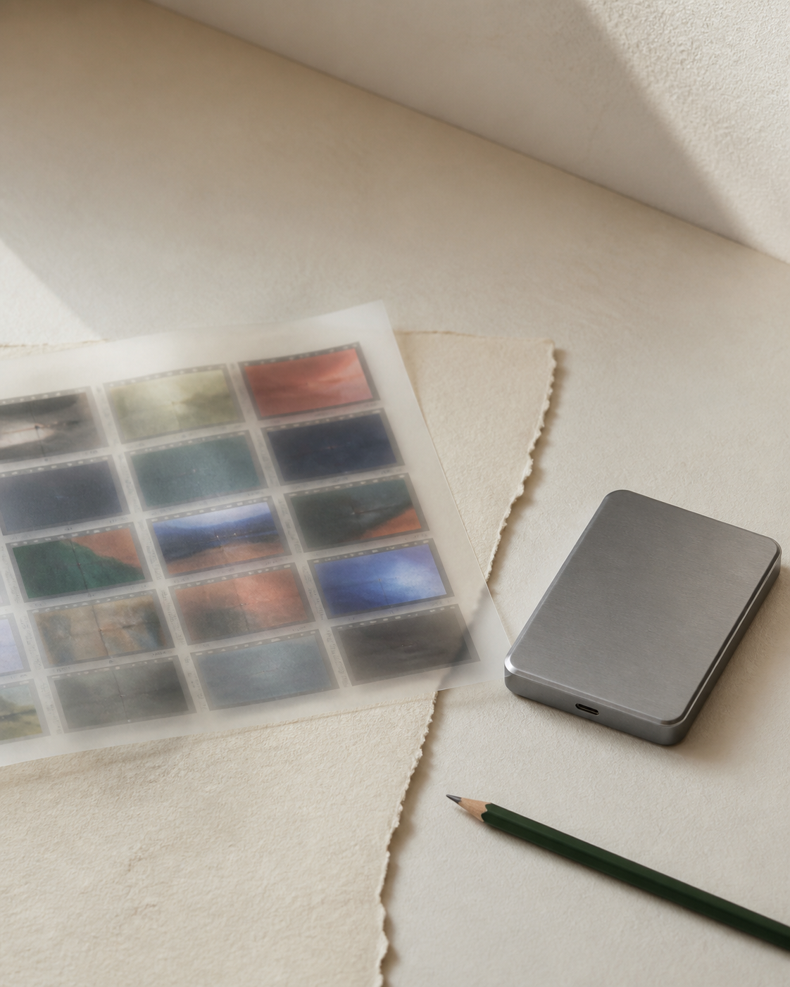 A photo contact sheet and external drive on paper, representing files processed locally